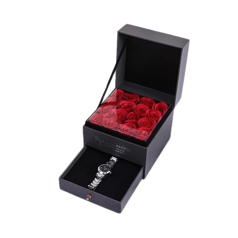 Wooden custom immortal rose square drawer necklace box romantic confession lipstick ring bracelet flower box - Flower Box - 4