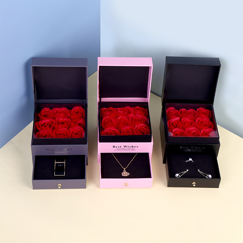 Wooden custom immortal rose square drawer necklace box romantic confession lipstick ring bracelet flower box - Flower Box - 3
